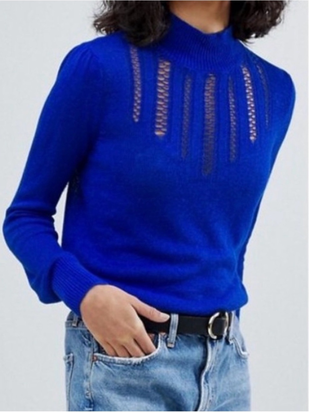 Free People Blue Open-Stitch Crochet Chest Mock Neck Sweater Size Small